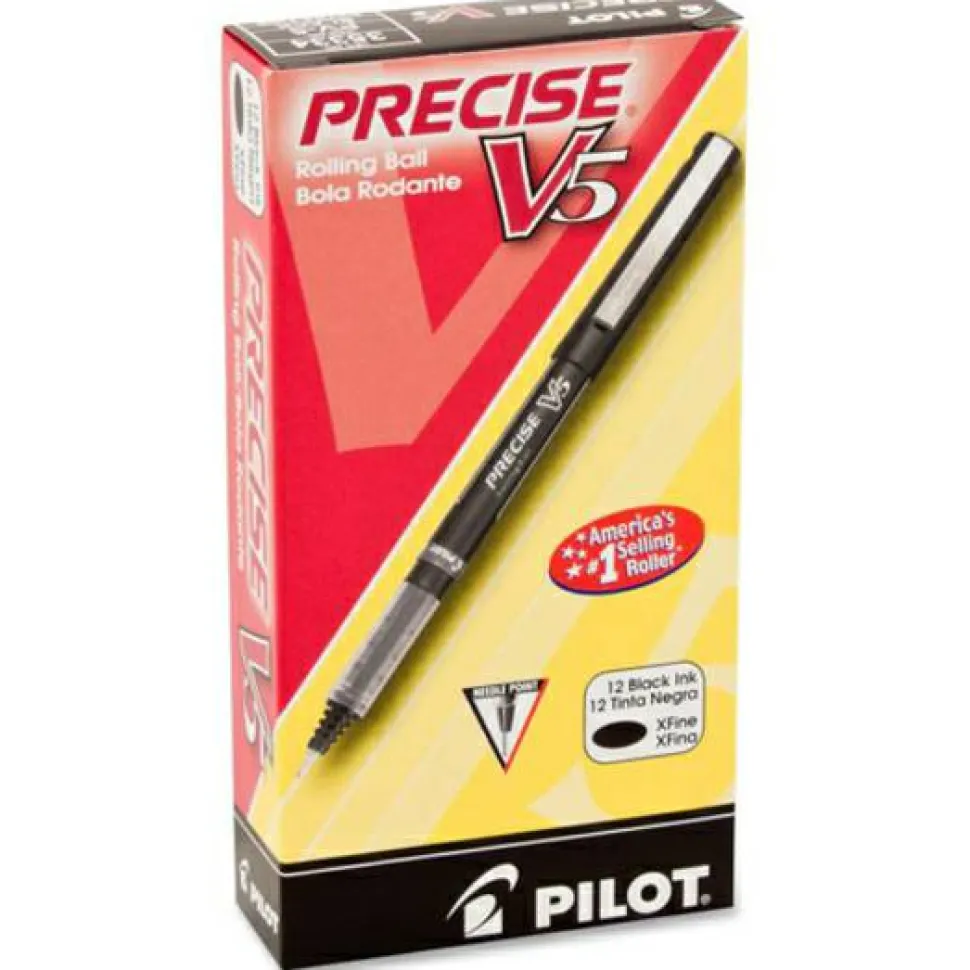 Pilot Precise V5 Rollerball Pen, Stick, Extra-Fine 0.5 mm, Black Ink, Black/Clear Barrel, Dozen