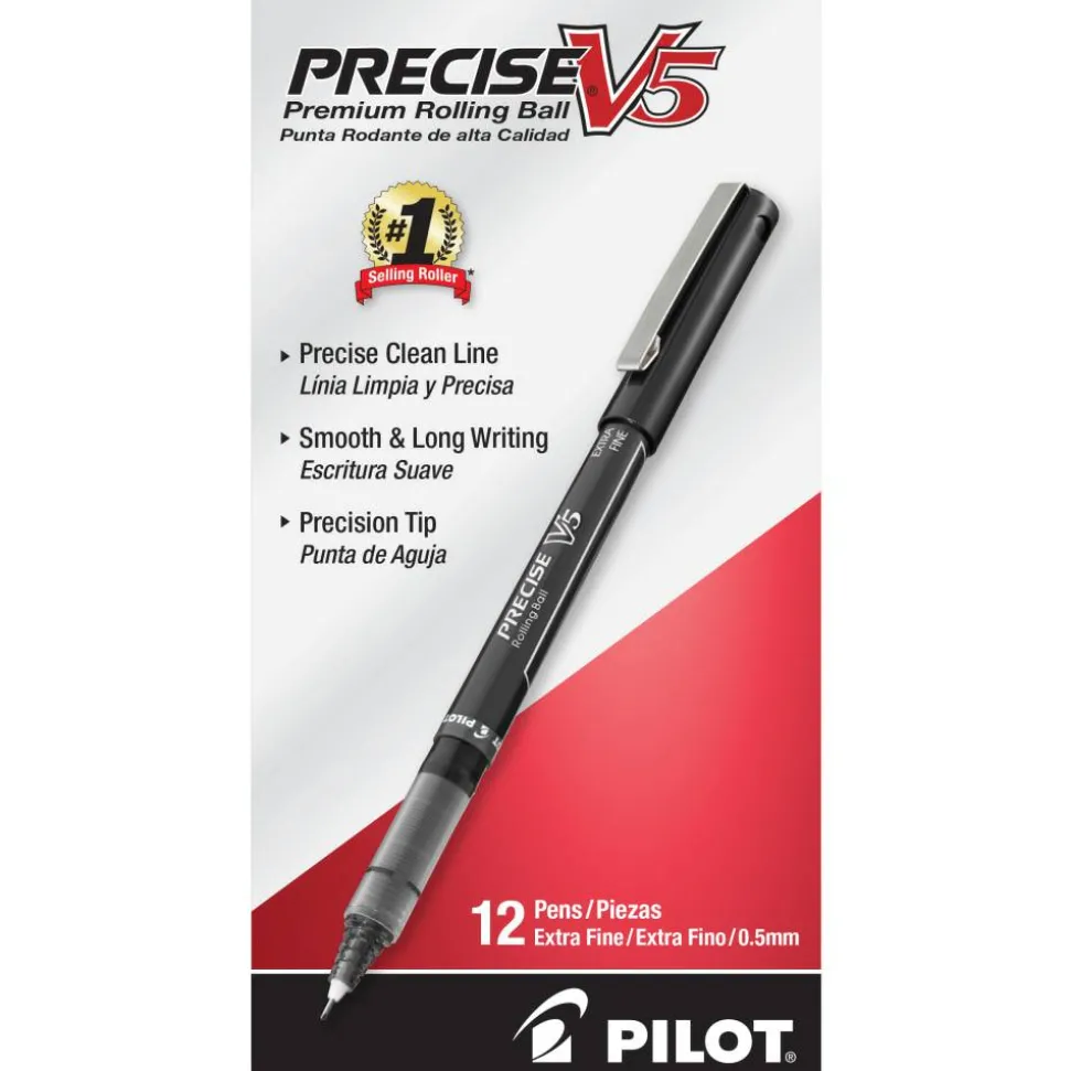 Pilot Precise V5 Rollerball Pen, Stick, Extra-Fine 0.5 mm, Black Ink, Black/Clear Barrel, Dozen