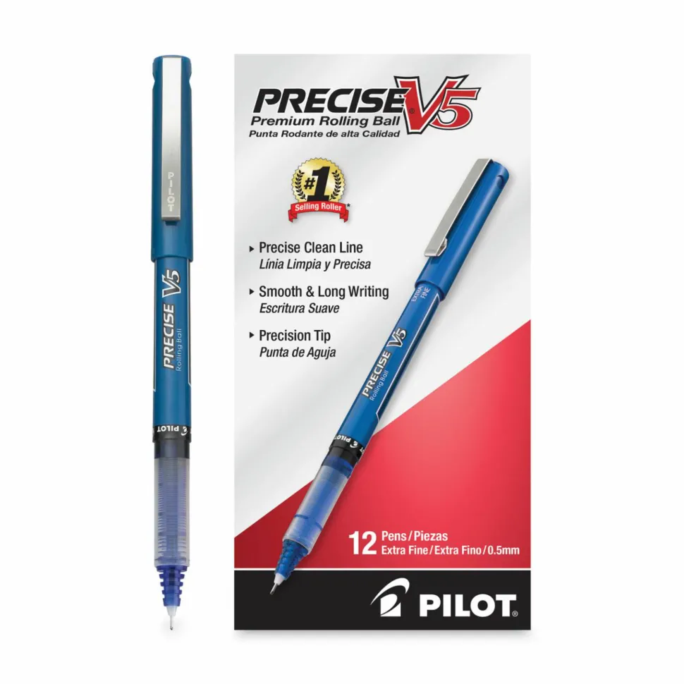 Pilot Precise V5 Rollerball Pen, Stick, Extra-Fine 0.5 mm, Blue Ink, Blue/Clear Barrel, Dozen