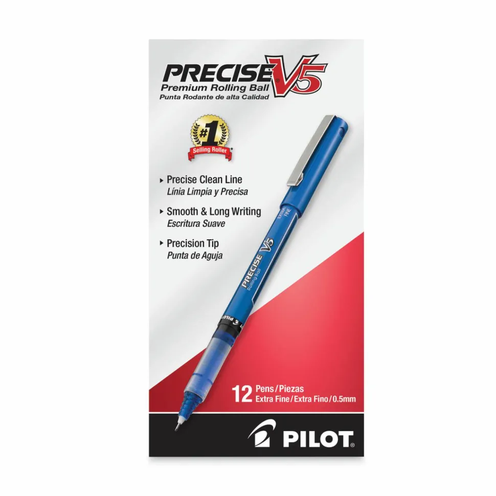 Pilot Precise V5 Rollerball Pen, Stick, Extra-Fine 0.5 mm, Blue Ink, Blue/Clear Barrel, Dozen