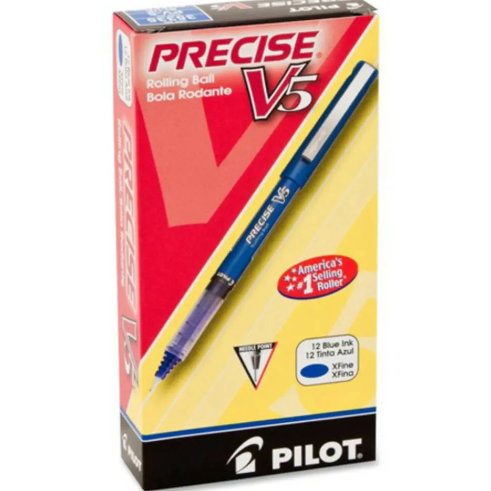 Pilot Precise V5 Rollerball Pen, Stick, Extra-Fine 0.5 mm, Blue Ink, Blue/Clear Barrel, Dozen