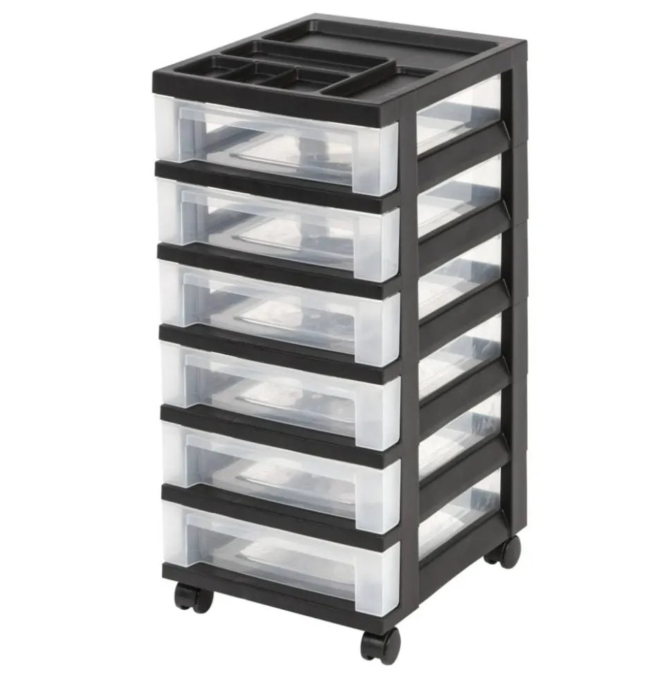 Plastic 6-Drawer Storage Cart, 26 7/16" x 12 1/16" x 14 1/4", Black