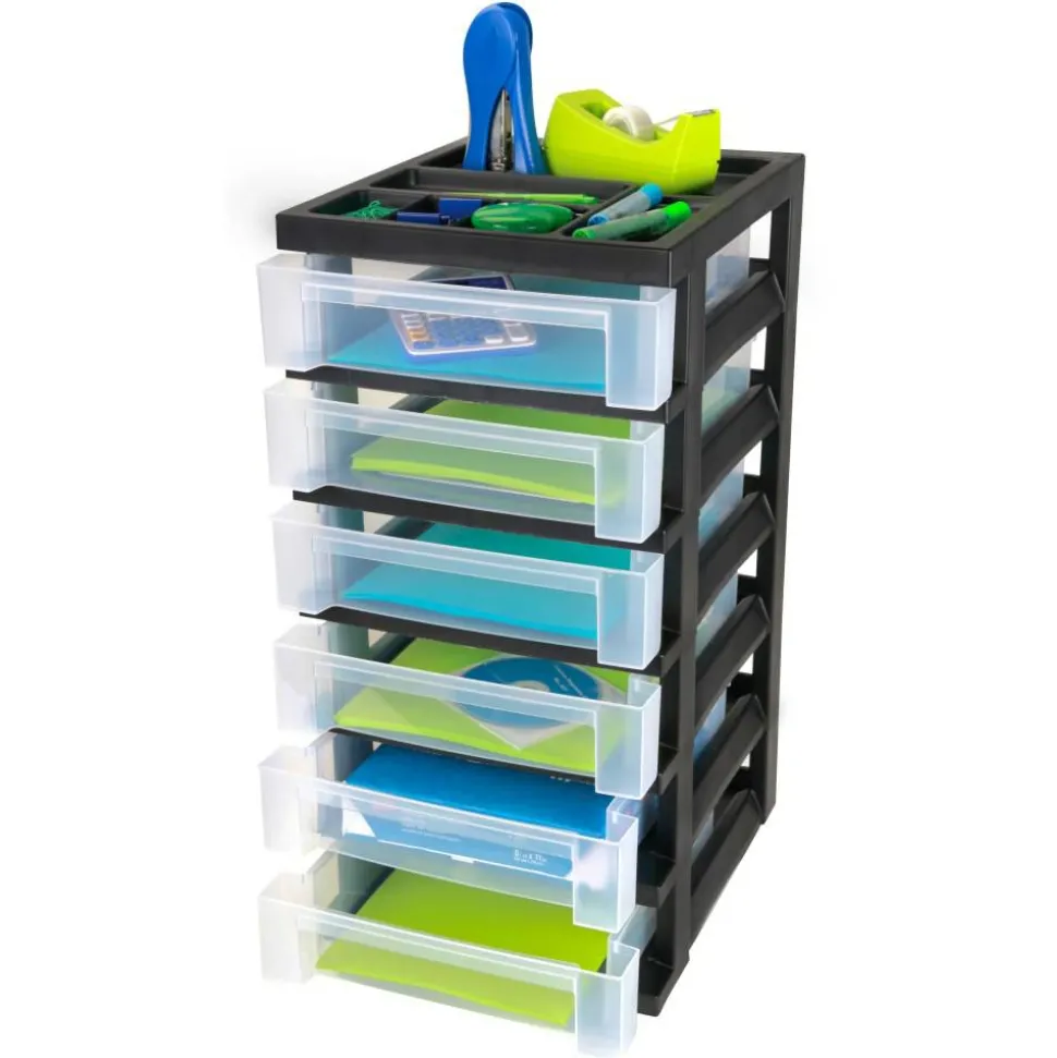 Plastic 6-Drawer Storage Cart, 26 7/16" x 12 1/16" x 14 1/4", Black