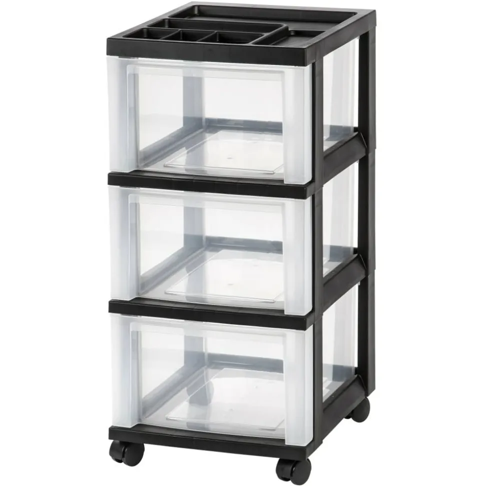 Plastic 3-Drawer Storage Cart, 26 1/5" x 12 1/10" x 14 3/10", Black