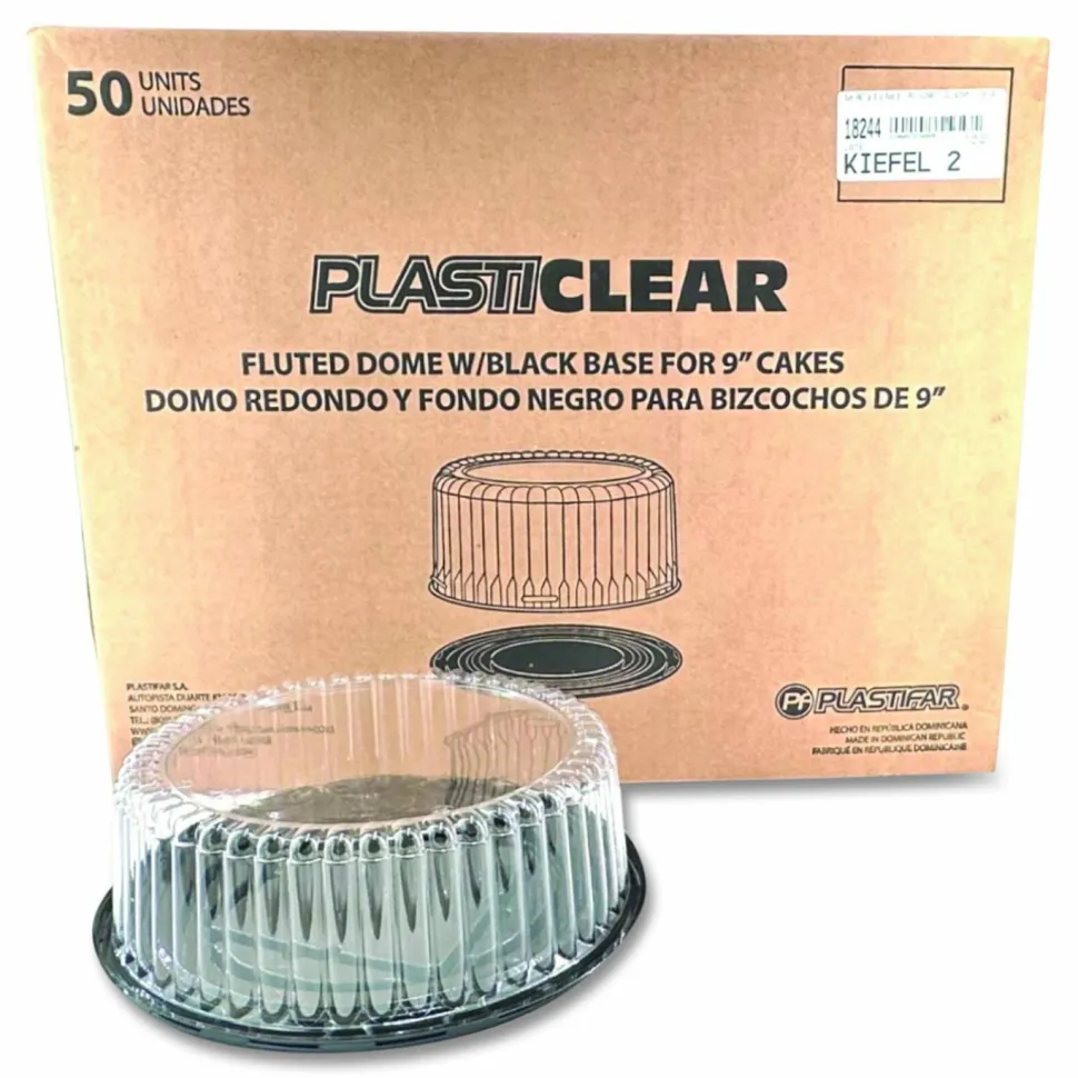 Plastifar Bakery Containers, 9" Cake Container, 11.2" Diameter x 3.5" h, Black/Clear, 50/Carton