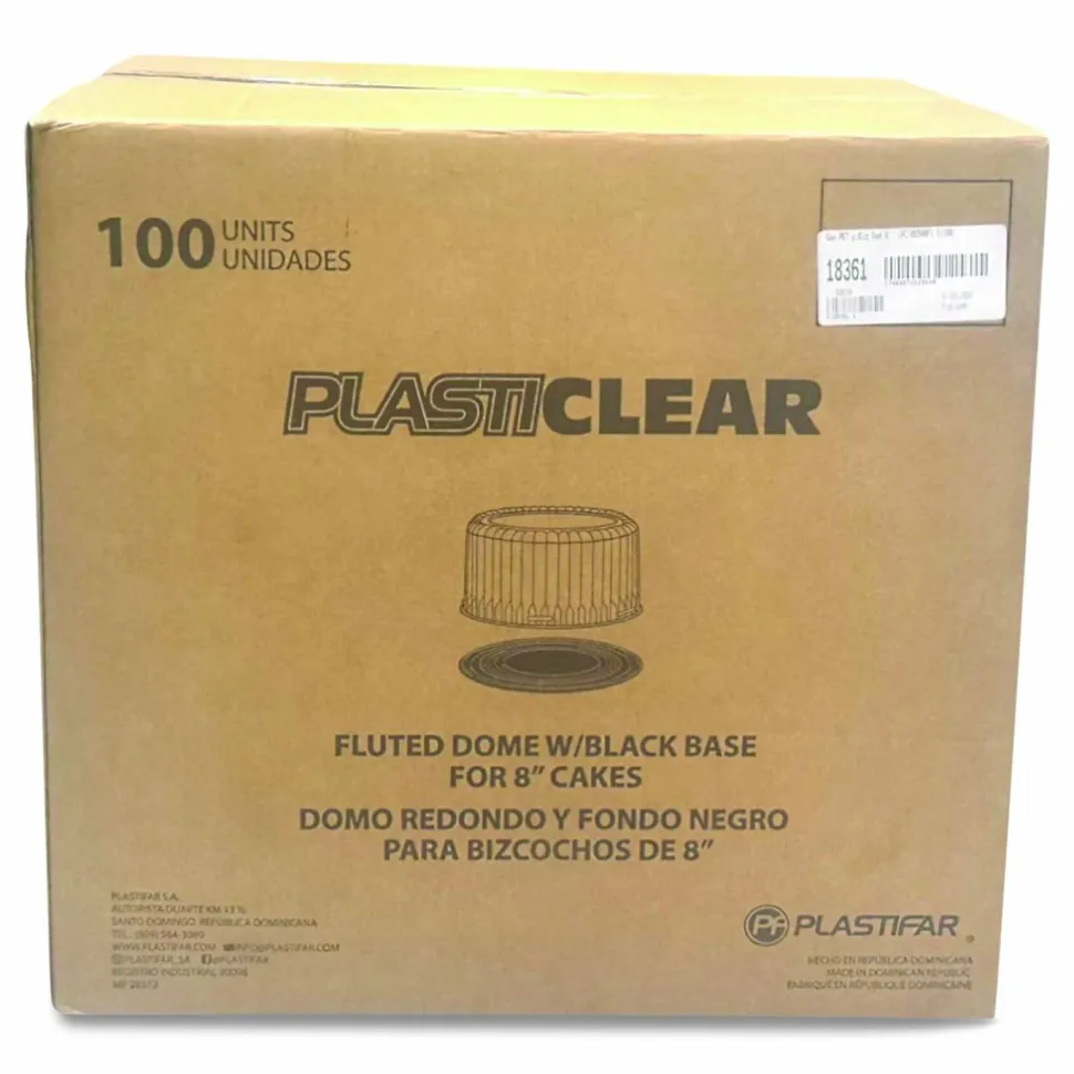 Plastifar Bakery Containers, 8" Cake, 9.7" Diameter x 5" h, Black/Clear, 100/Carton