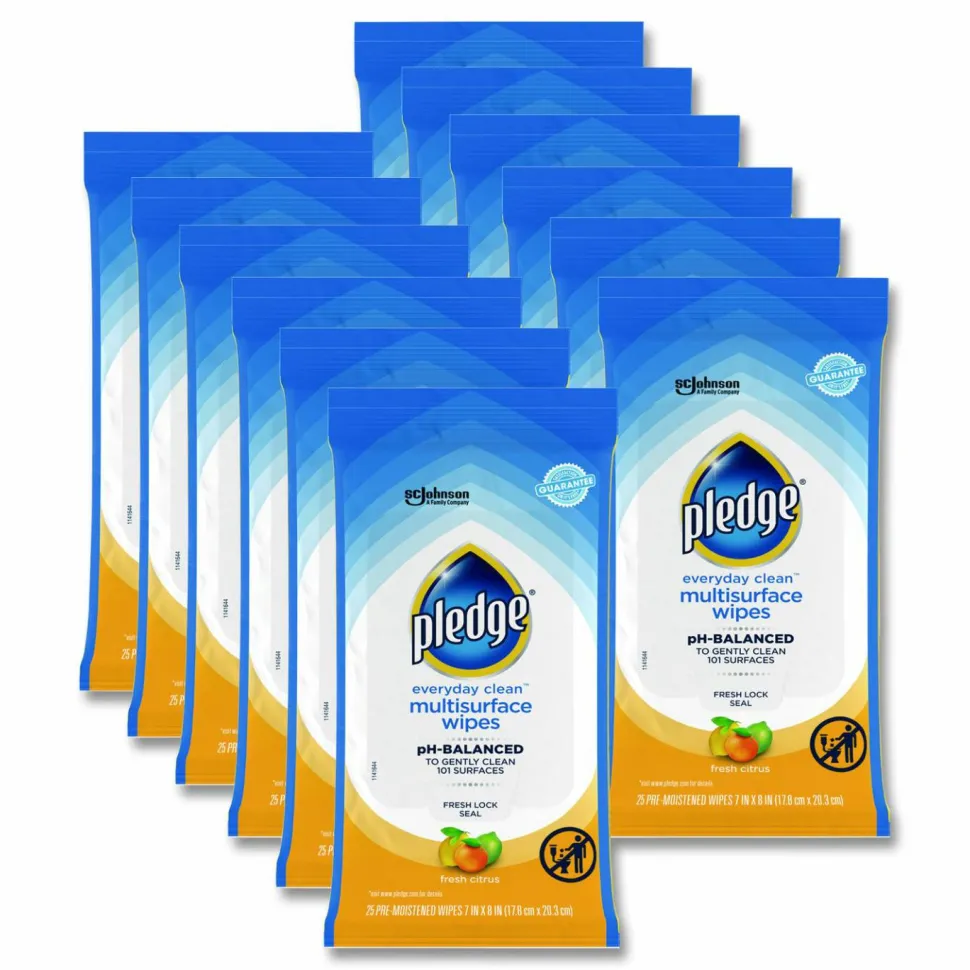 Pledge Multi-Surface Cleaner Wet Wipes, Cloth, 7 x 10, Fresh Citrus, White, 25/Pack, 12 Packs/Carton