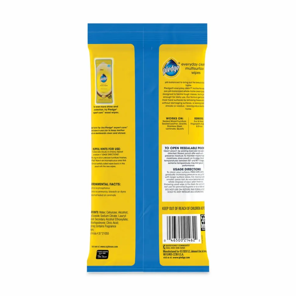 Pledge Multi-Surface Cleaner Wet Wipes, Cloth, 7 x 10, Fresh Citrus, White, 25/Pack, 12 Packs/Carton