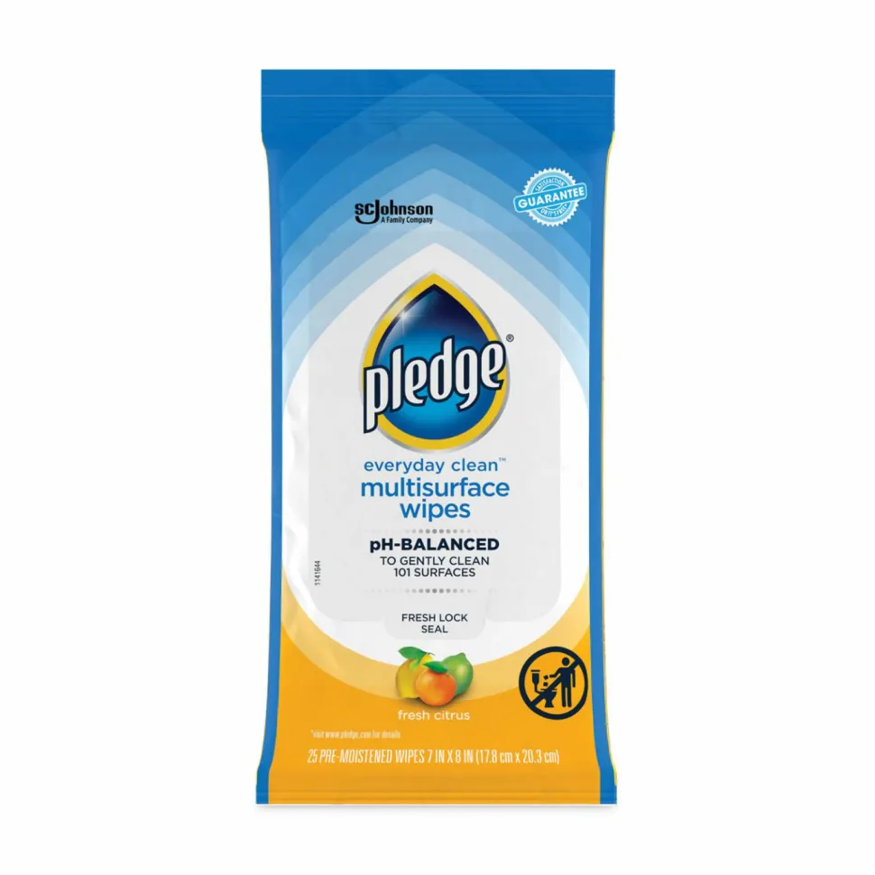 Pledge Multi-Surface Cleaner Wet Wipes, Cloth, 7 x 10, Fresh Citrus, White, 25/Pack, 12 Packs/Carton