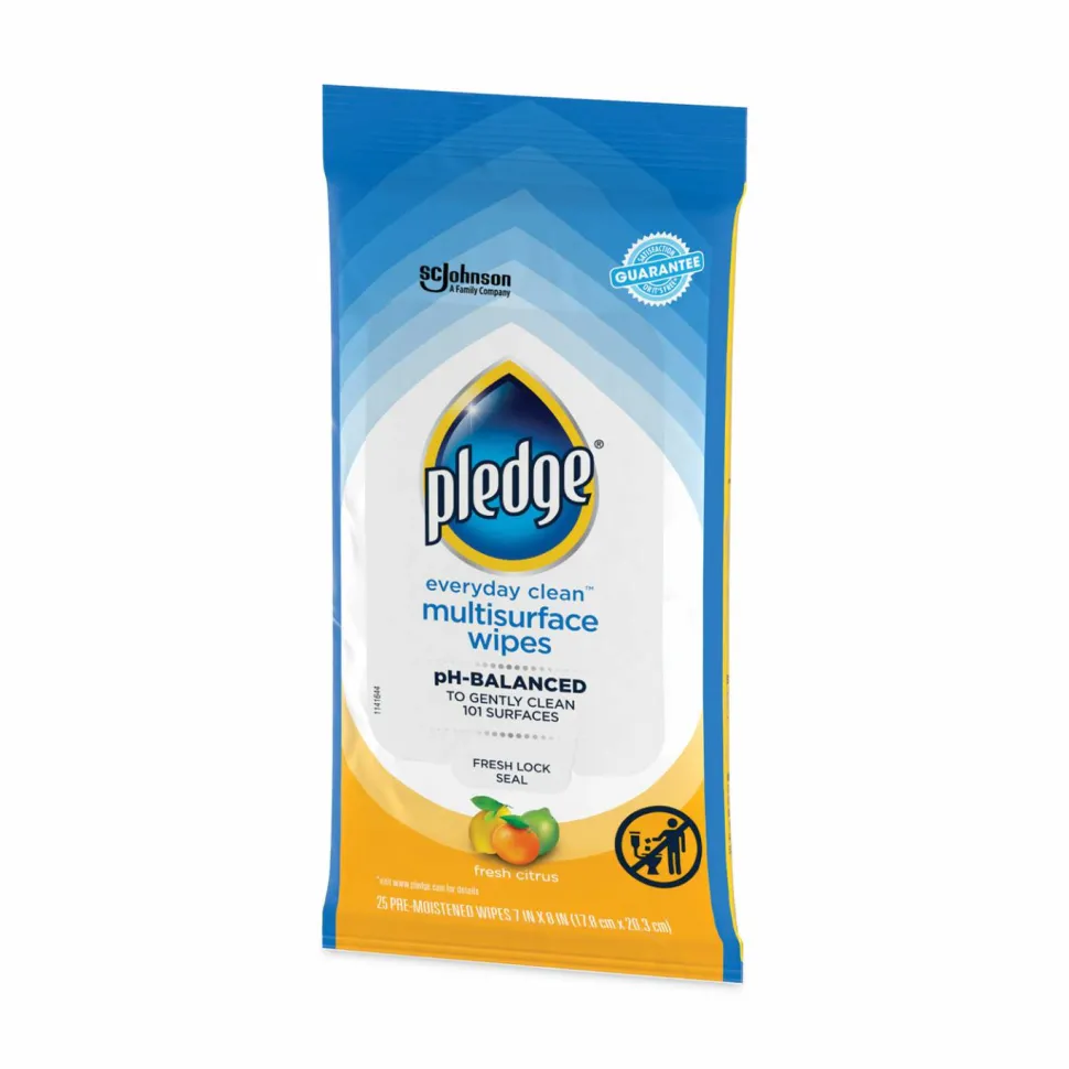 Pledge Multi-Surface Cleaner Wet Wipes, Cloth, 7 x 10, Fresh Citrus, White, 25/Pack, 12 Packs/Carton