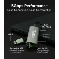Plugable 5Gbps USB-C Ethernet Adapter - 5000Mbps Wired Network for Windows, macOS, and ChromeOS Laptops and Desktops