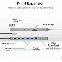 Plugable 11-in-1 USB-C Hub 100W USB-C Pass-through, Laptop Docking Station Dual Monitor with 4K 60Hz HDMI