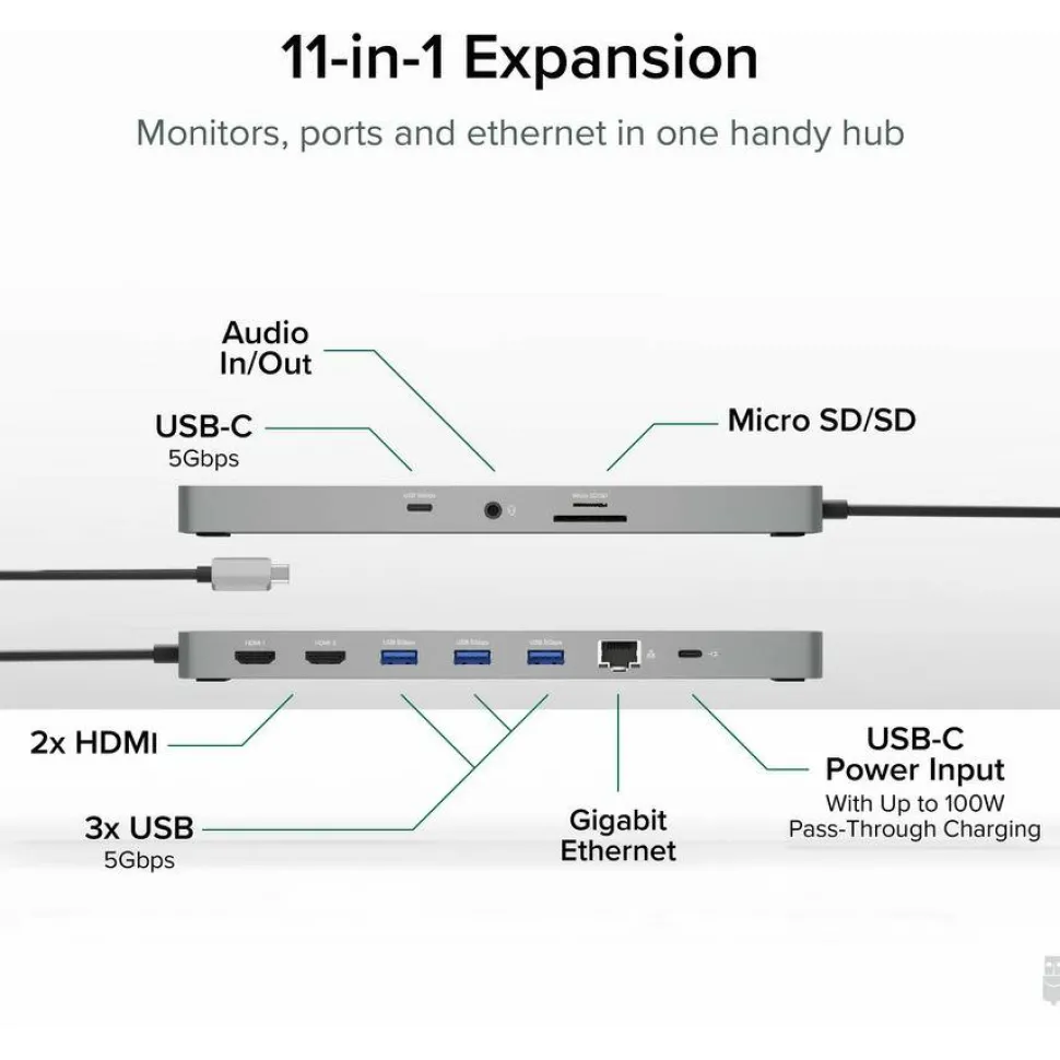 Plugable 11-in-1 USB-C Hub 100W USB-C Pass-through, Laptop Docking Station Dual Monitor with 4K 60Hz HDMI