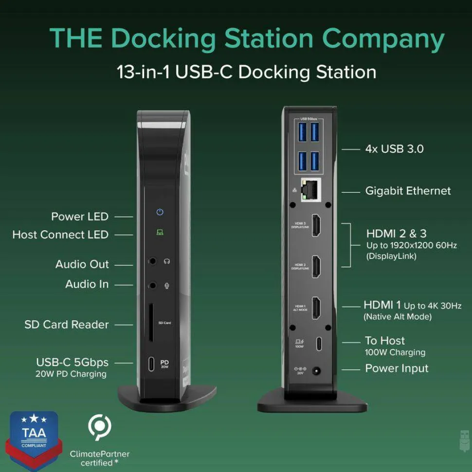 Plugable 13-in-1 USB-C Triple Monitor Docking Station with 100W Charging, Compatible with Windows, Mac, and Chrome with Thunderbolt 3 / 4 or USB-C