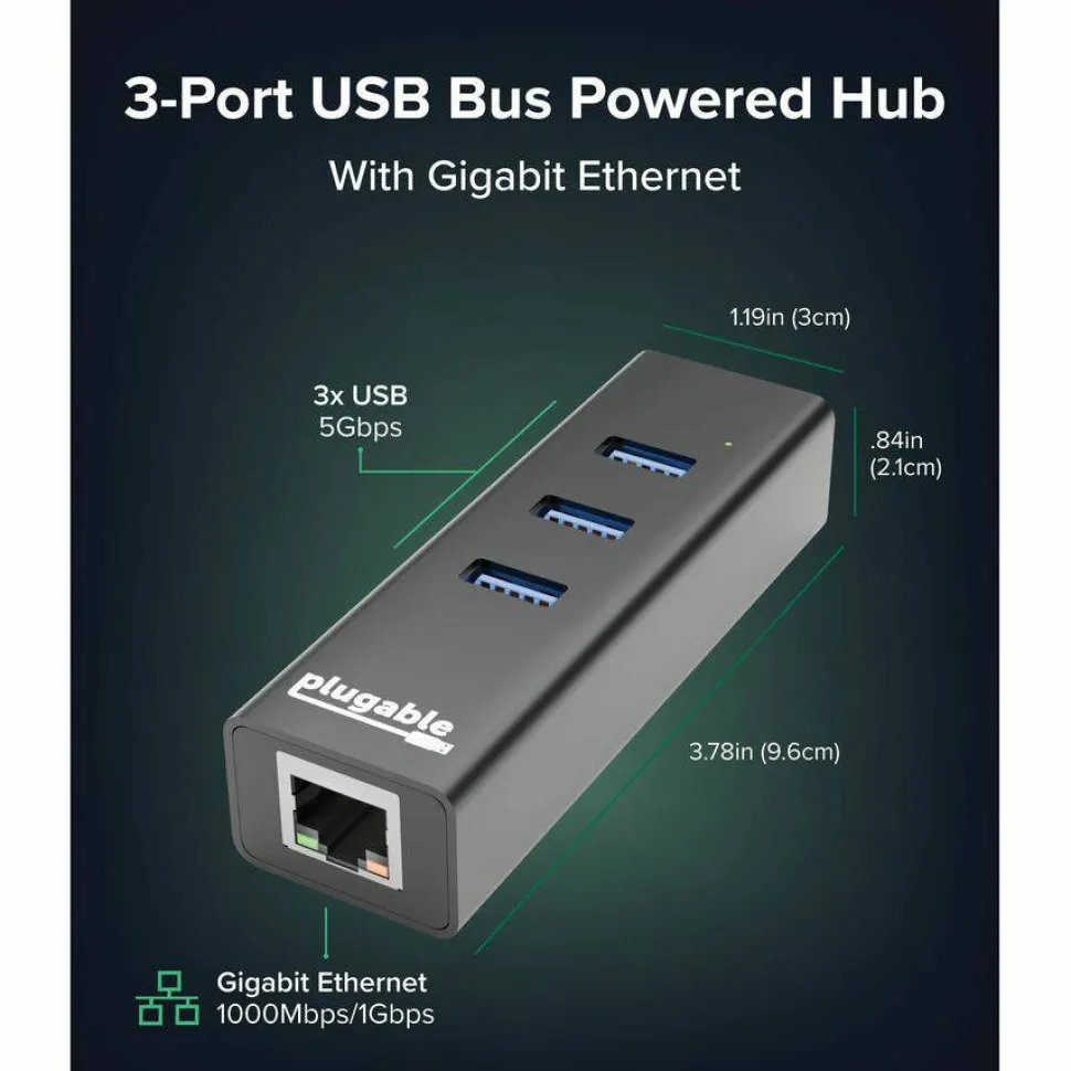 Plugable 3-Port USB 3.0 Hub with Gigabit Ethernet | Compatible with Windows, macOS, Linux, and ChromeOS