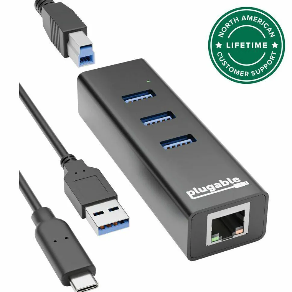 Plugable 3-Port USB 3.0 Hub with Gigabit Ethernet | Compatible with Windows, macOS, Linux, and ChromeOS
