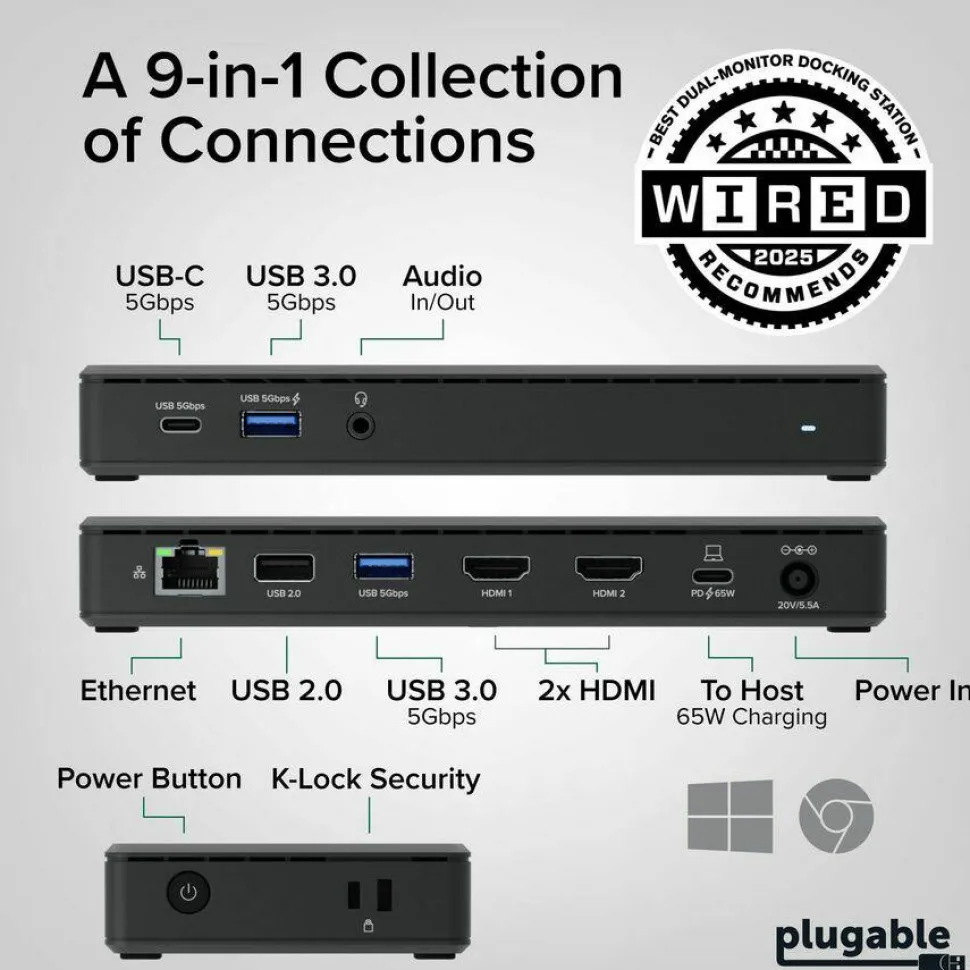 Plugable USB C Docking Station Dual Monitor 2 HDMI Ports, Power Delivery Dock, Dual 4K Monitor