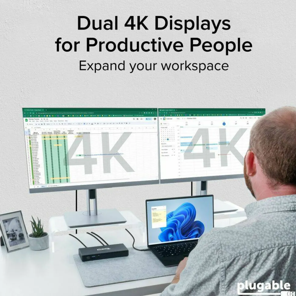 Plugable USB C Docking Station Dual Monitor 2 HDMI Ports, Power Delivery Dock, Dual 4K Monitor