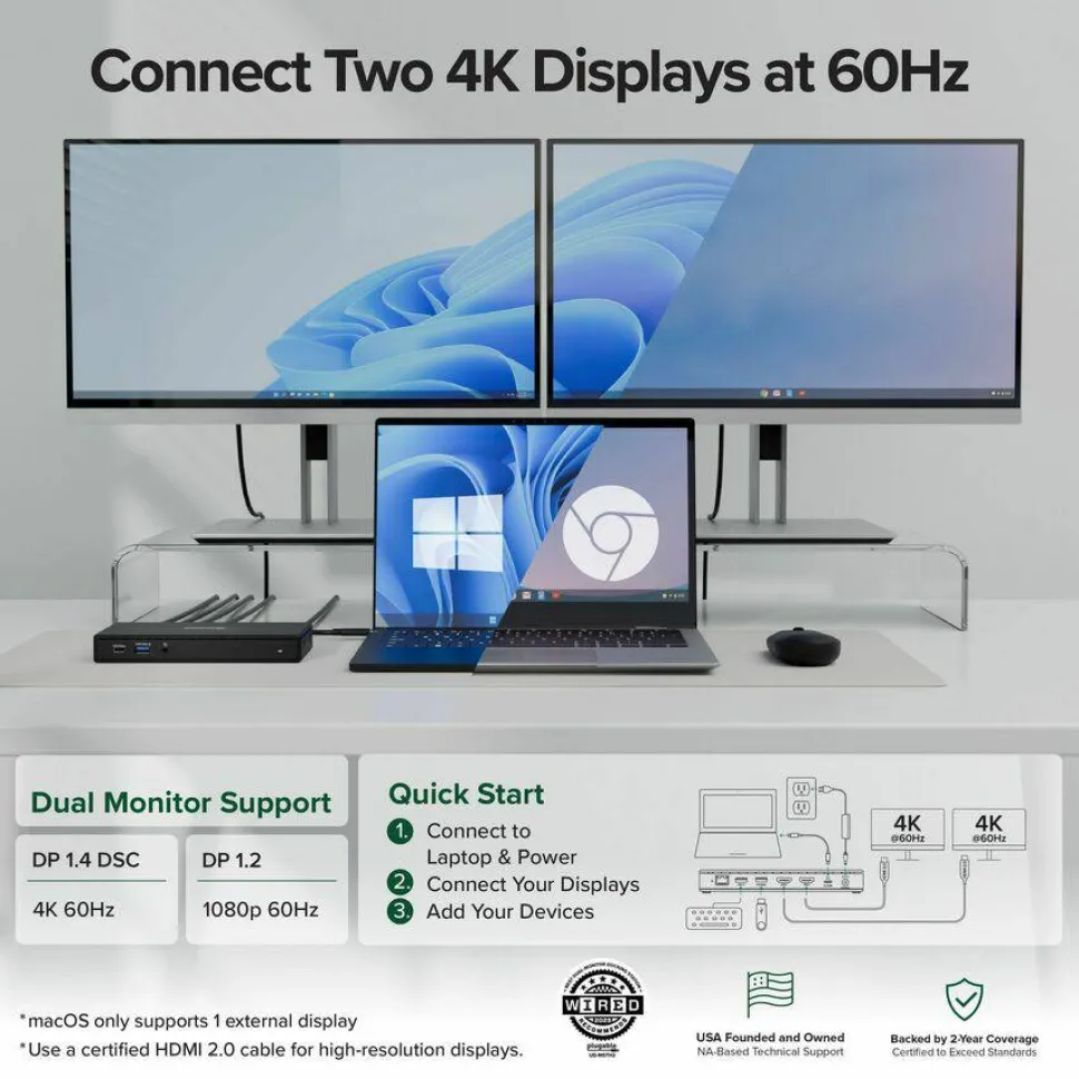Plugable USB C Docking Station Dual Monitor 2 HDMI Ports, Power Delivery Dock, Dual 4K Monitor
