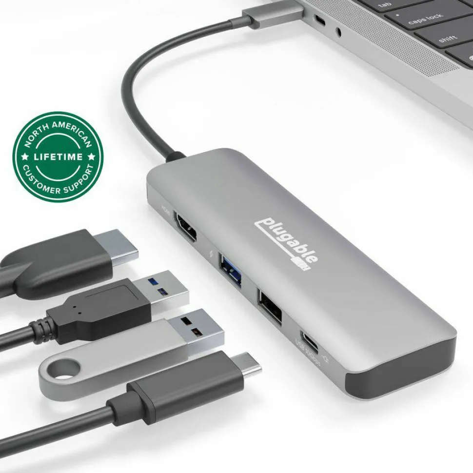 Plugable USB C Hub Multiport Adapter, 4 in 1, 100W Pass Through Charging USB C to HDMI 4K 60Hz