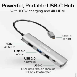 Plugable USB C Hub Multiport Adapter, 4 in 1, 100W Pass Through Charging USB C to HDMI 4K 60Hz
