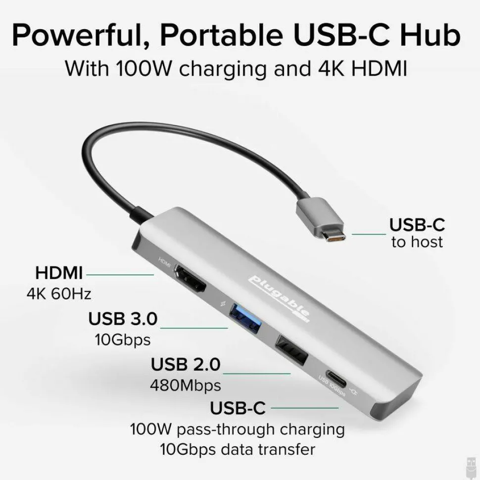 Plugable USB C Hub Multiport Adapter, 4 in 1, 100W Pass Through Charging USB C to HDMI 4K 60Hz