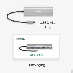 Plugable USB C Hub Multiport Adapter, 4 in 1, 100W Pass Through Charging USB C to HDMI 4K 60Hz