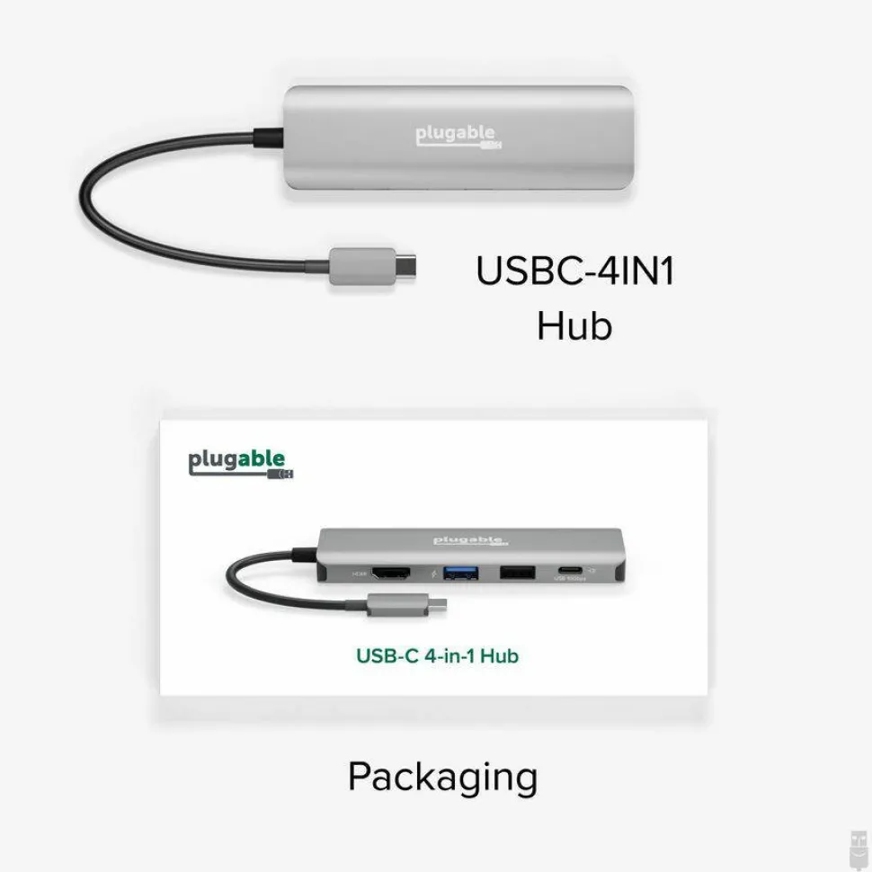 Plugable USB C Hub Multiport Adapter, 4 in 1, 100W Pass Through Charging USB C to HDMI 4K 60Hz