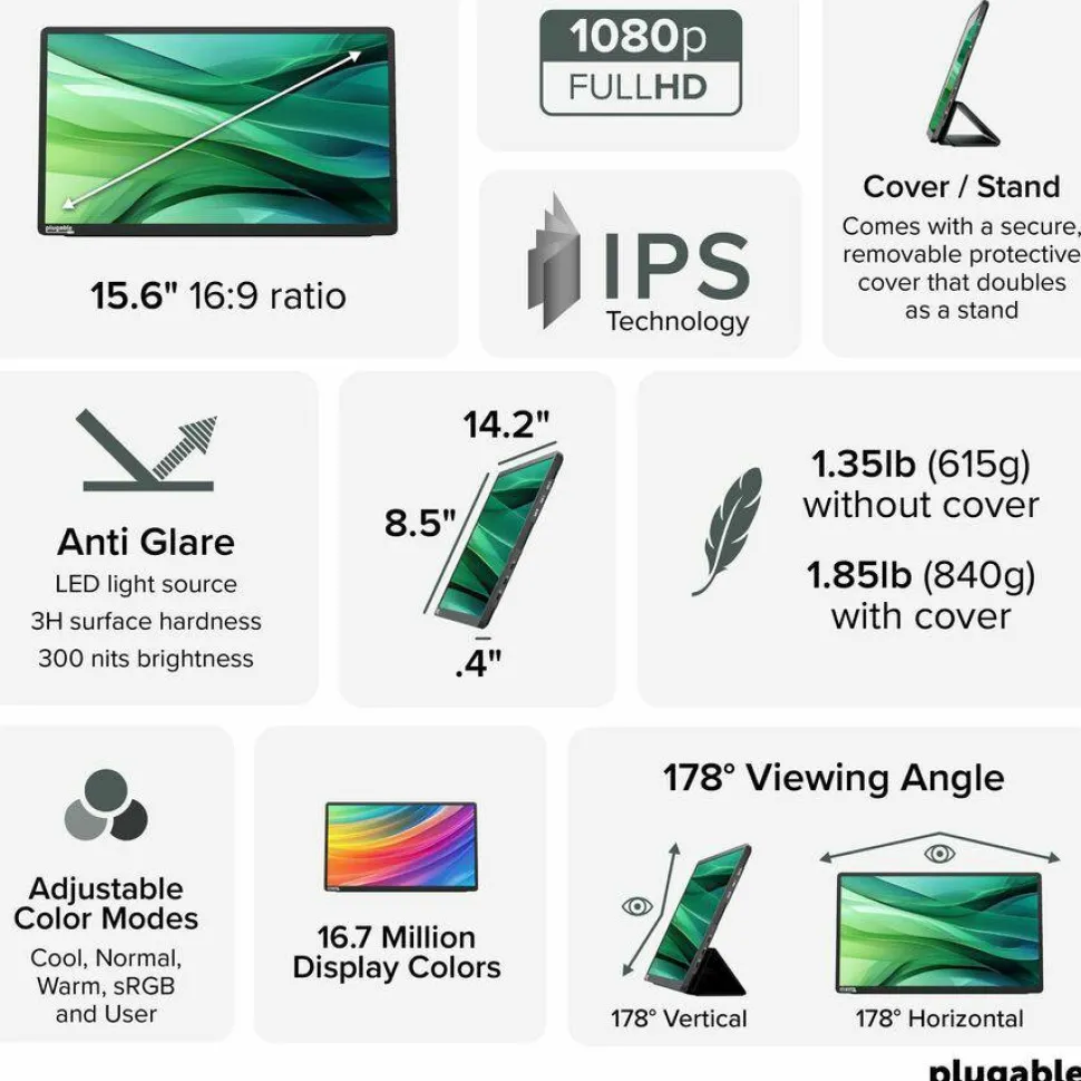 Plugable USB C Portable Monitor 15.6 Inch, 100W Pass-Through Charging for Your Laptop Smartphone Tablet
