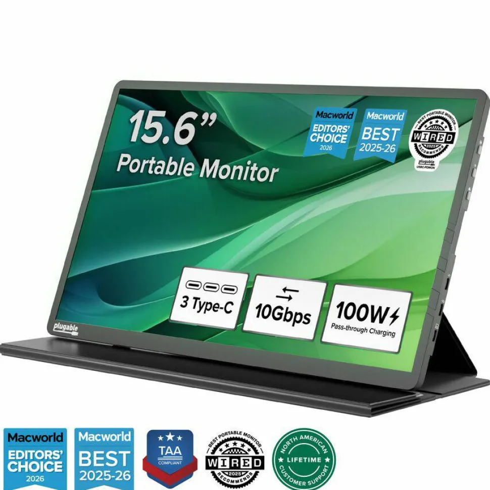 Plugable USB C Portable Monitor 15.6 Inch, 100W Pass-Through Charging for Your Laptop Smartphone Tablet
