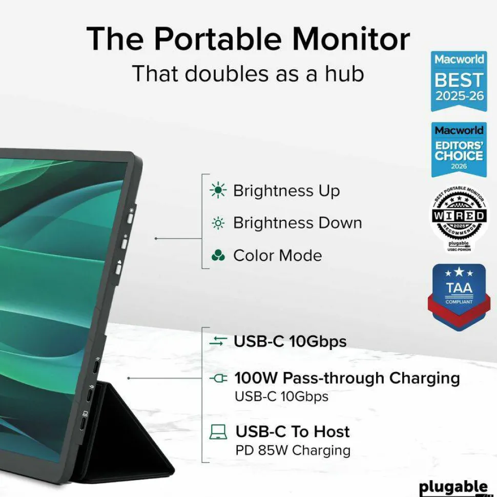 Plugable USB C Portable Monitor 15.6 Inch, 100W Pass-Through Charging for Your Laptop Smartphone Tablet