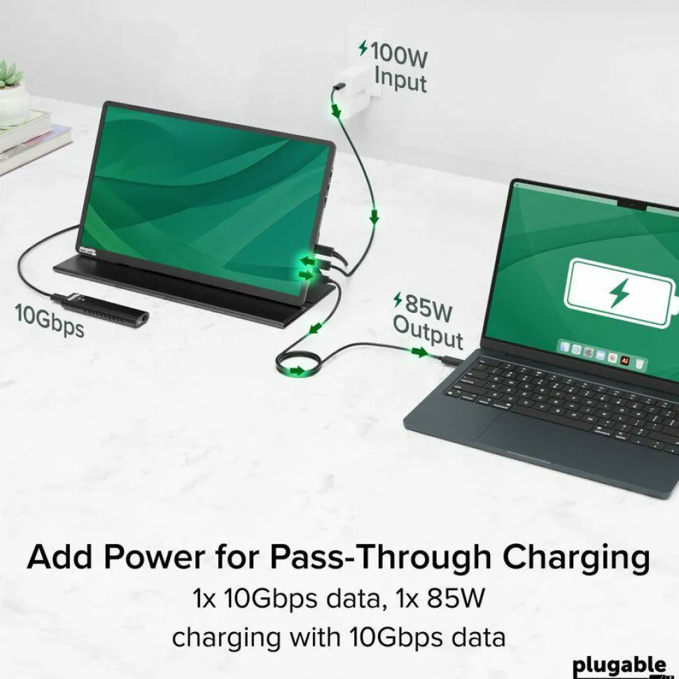 Plugable USB C Portable Monitor 15.6 Inch, 100W Pass-Through Charging for Your Laptop Smartphone Tablet