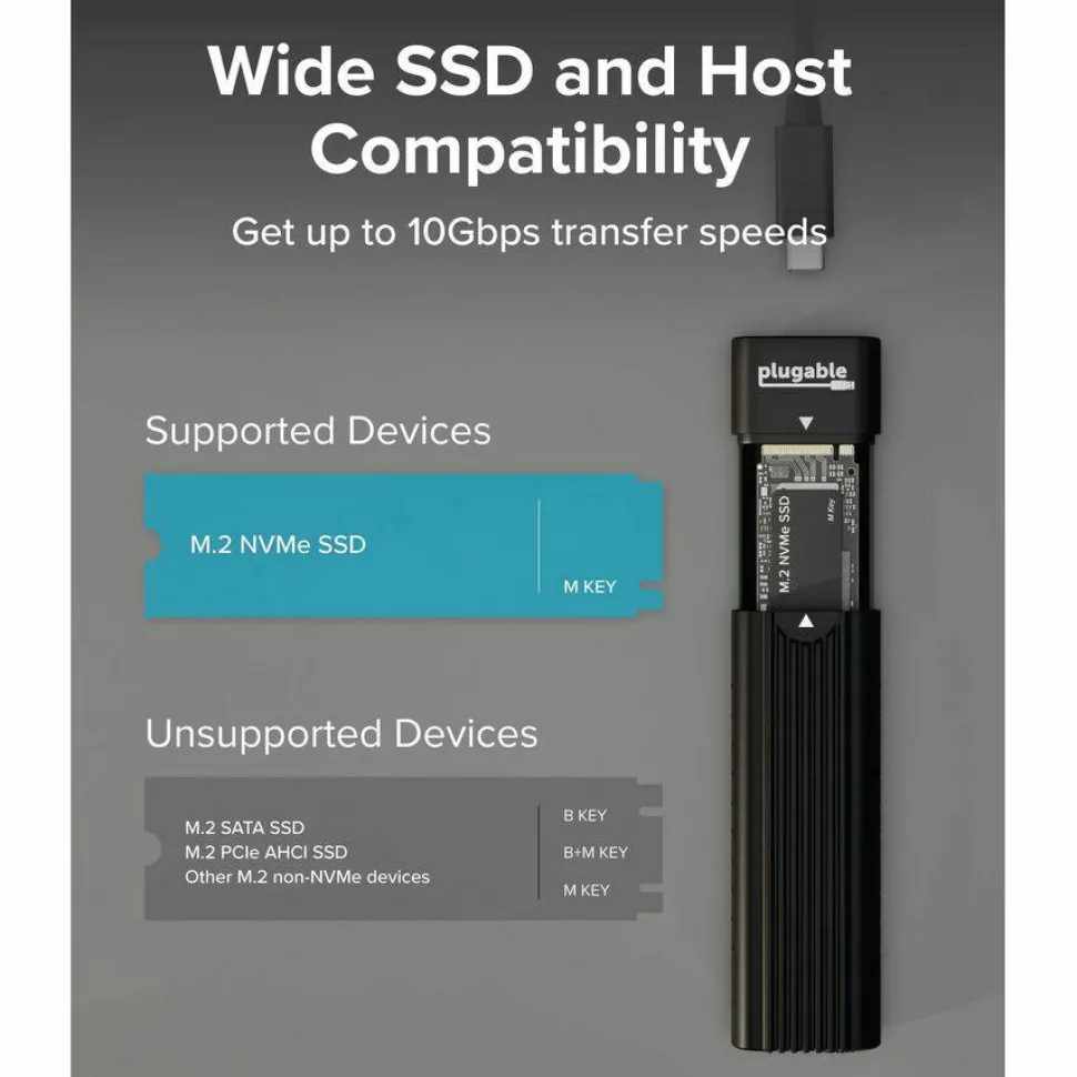 Plugable USB C to M.2 NVMe Tool-free Enclosure USB C and Thunderbolt 3 Compatible up to USB 3.1 Gen 2 Speeds (10Gbps).