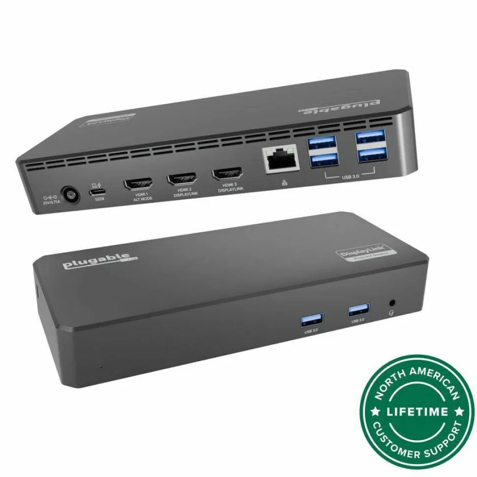 Plugable USB C Triple Display Docking Station | 100W PD, 3x HDMI (1x 4K 30Hz, 2x 1080p 60Hz), 6x USB 5Gbps Ports