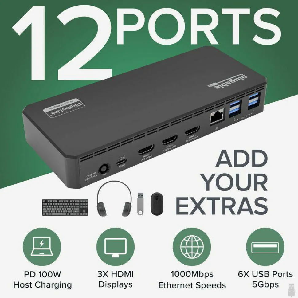 Plugable USB C Triple Display Docking Station | 100W PD, 3x HDMI (1x 4K 30Hz, 2x 1080p 60Hz), 6x USB 5Gbps Ports