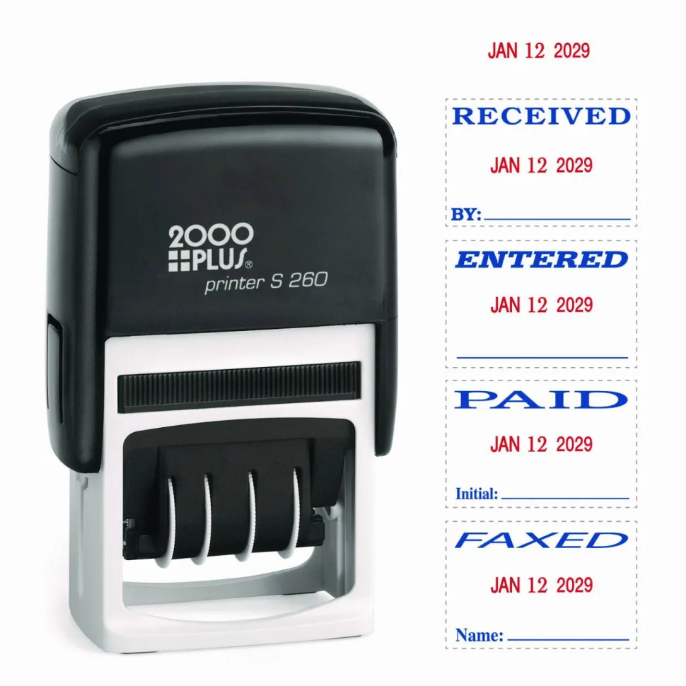 2000 PLUS Date 4 Message Dater Stamp Self-Inking Date 4-in-1 Message Dater Stamp, Received, Entered, Paid, Faxed, 15/16" x 1-3/4", Blue and Red Ink