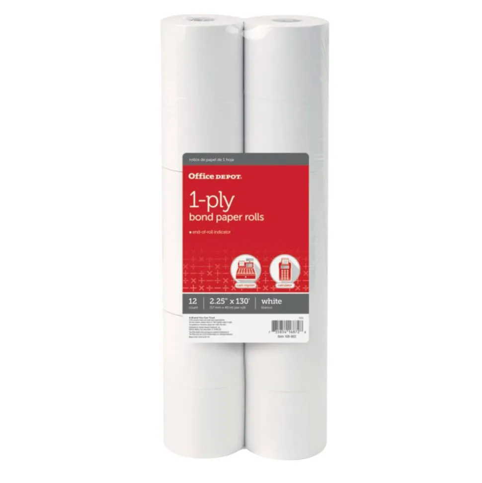 1-Ply Bond Paper Rolls, 2-1/4" x 130', White, Pack Of 12