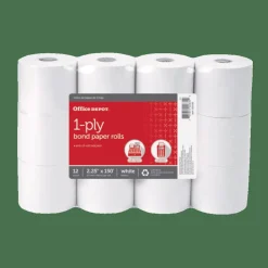 1-Ply Bond Paper Roll, 2-1/4" x 150', White, Pack of 12