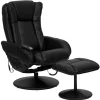 Poppy Massaging Multi-Position Plush Recliner with Side Pocket and Ottoman in Black LeatherSoft