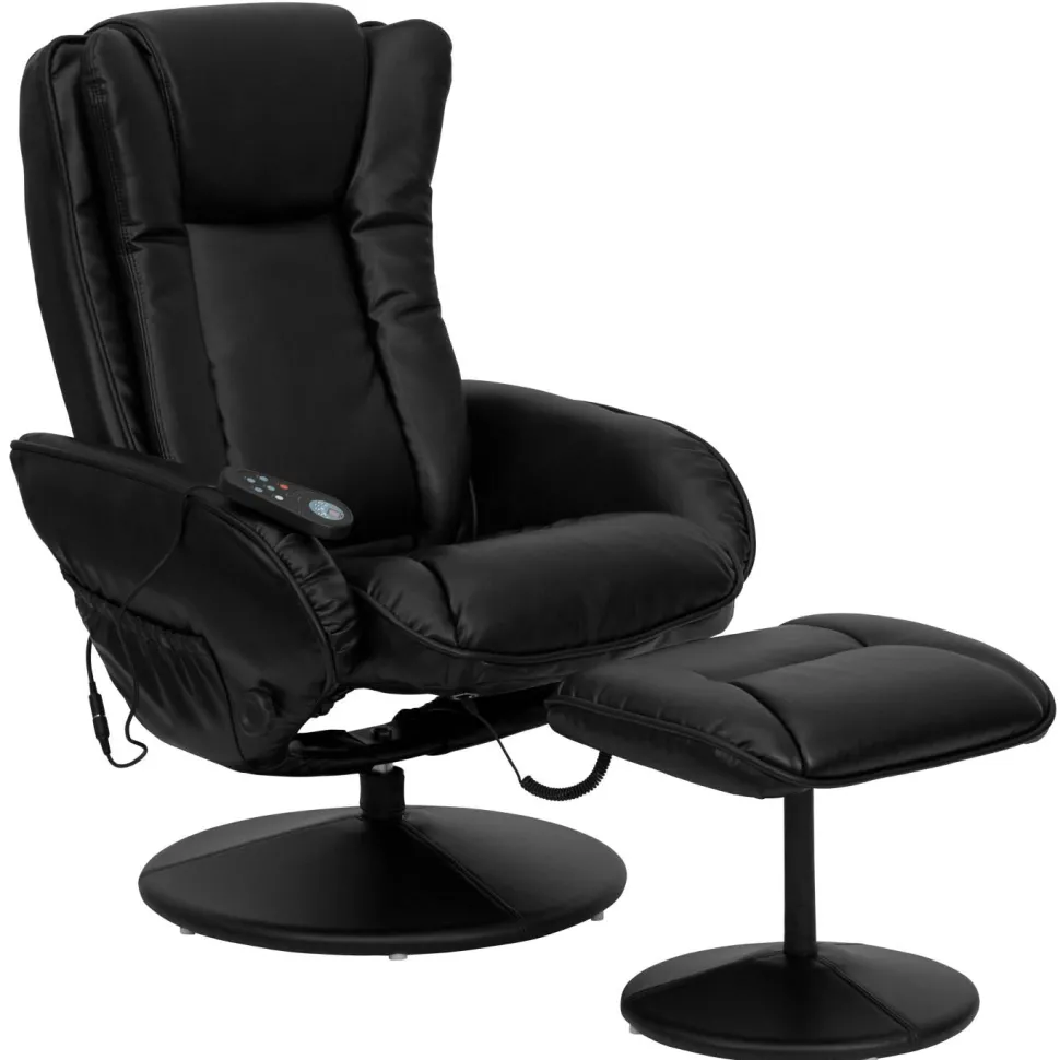 Poppy Massaging Multi-Position Plush Recliner with Side Pocket and Ottoman in Black LeatherSoft