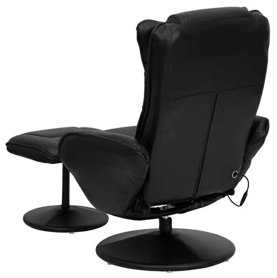 Poppy Massaging Multi-Position Plush Recliner with Side Pocket and Ottoman in Black LeatherSoft