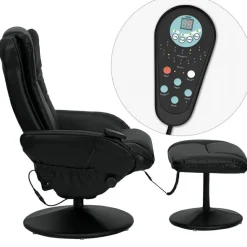 Poppy Massaging Multi-Position Plush Recliner with Side Pocket and Ottoman in Black LeatherSoft