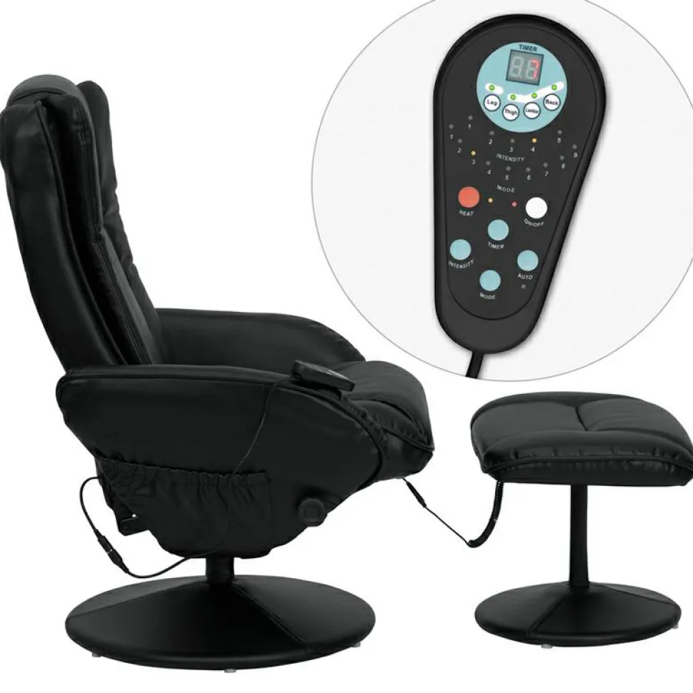 Poppy Massaging Multi-Position Plush Recliner with Side Pocket and Ottoman in Black LeatherSoft