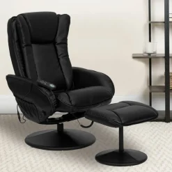 Poppy Massaging Multi-Position Plush Recliner with Side Pocket and Ottoman in Black LeatherSoft
