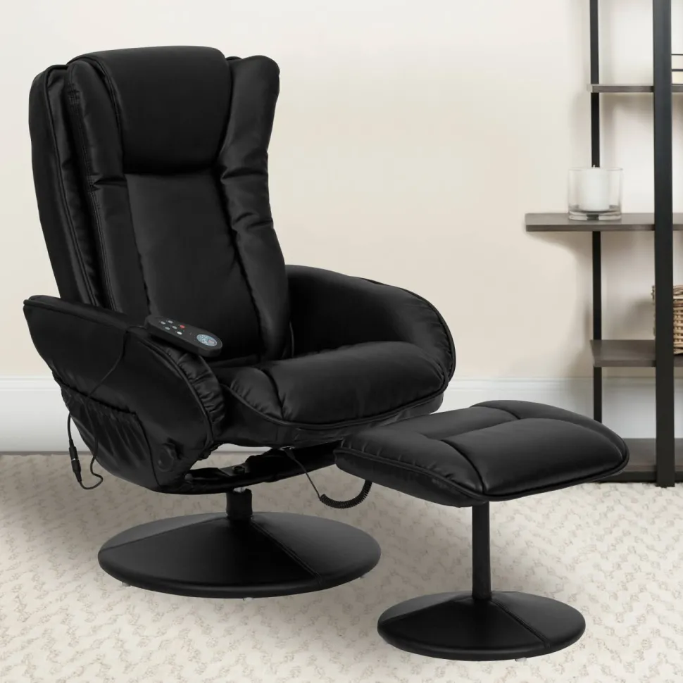 Poppy Massaging Multi-Position Plush Recliner with Side Pocket and Ottoman in Black LeatherSoft