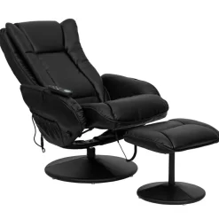 Poppy Massaging Multi-Position Plush Recliner with Side Pocket and Ottoman in Black LeatherSoft