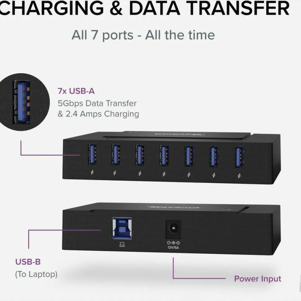 7 Port USB Charging Hub for Laptops with USB-C or USB 3.0