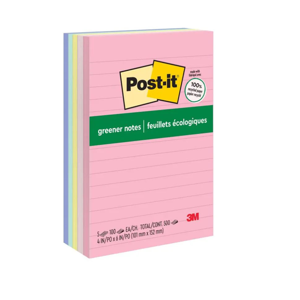 Post-it Greener 100% Recycled Paper Notes, 4 x 6 in, 5 Lined Sticky Note Pads, 100 Sheets/Pad, School Supplies and Office Products, Sweet Sprinkles
