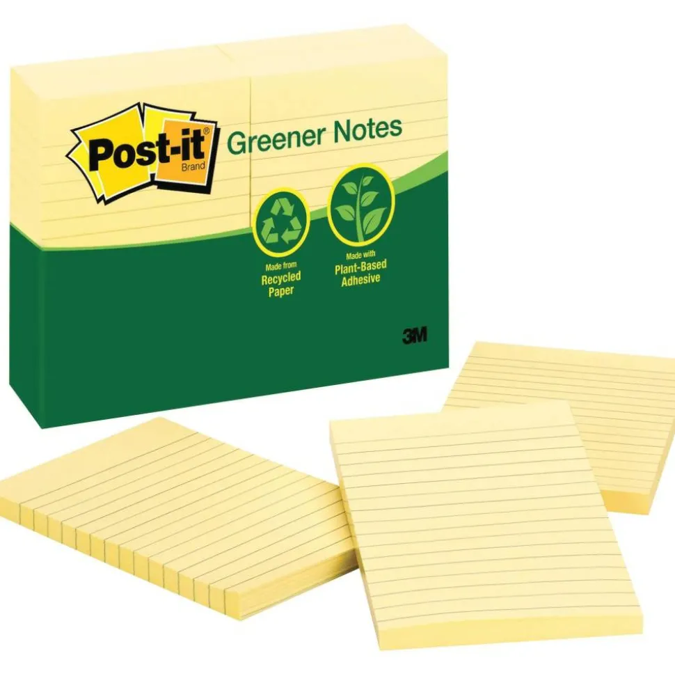 Post-it Greener Notes, 4 in. x 6 in., 12 Pads, 100 Sheets/Pad, Canary Yellow, Lined