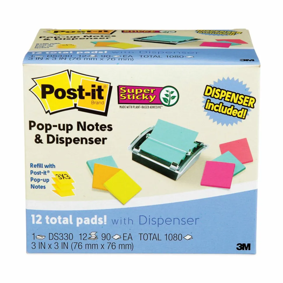 Post-it Note Dispenser, 3 x 3 in, 12 Sticky Note Pads, 90 Sheets/pad, Sticky Note Holder, Black Base, Clear Top, Classroom or Office Supplies